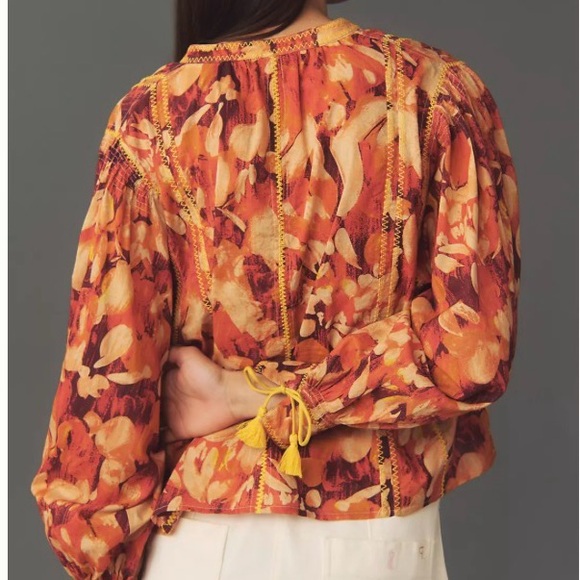 By Anthropologie Tassel Stitched Top Blouse Size Small Orange Brown Gold - Picture 2 of 12